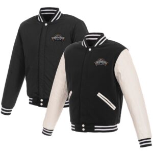 Men's JH Design Black/White Aberdeen IronBirds Reversible Fleece Full-Snap Jacket with Faux Leather Sleeves