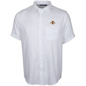 Men's Cutter & Buck White Iowa State Cyclones Windward Twill Button-Up Short Sleeve Shirt