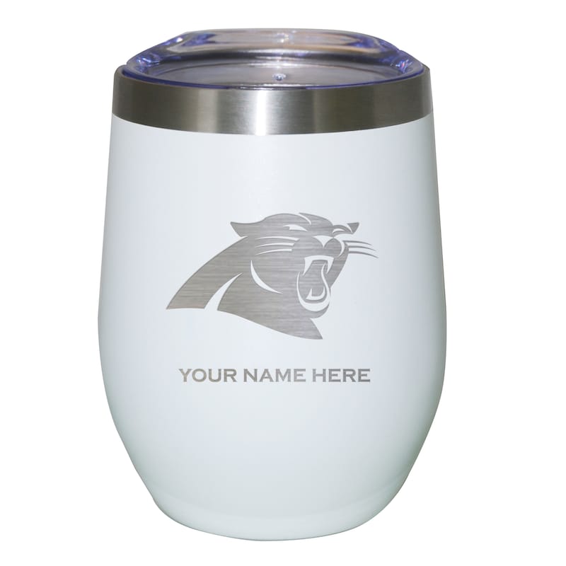 White Carolina Panthers 12oz. Personalized Etched Stemless Tumbler