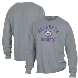 Men's ComfortWash Gray Nazareth College Golden Flyers Arch Logo Garment Dyed Long Sleeve T-Shirt