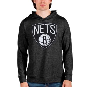 Men's Antigua Heathered Black Brooklyn Nets Logo Absolute Pullover Hoodie