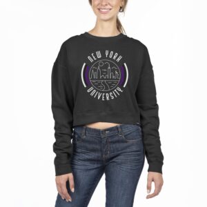 Women's Uscape Apparel Black NYU Violets Pigment Dyed Fleece Crop Crewneck Sweatshirt