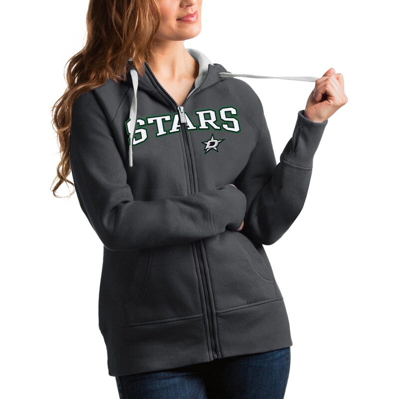 Women's Antigua Charcoal Dallas Stars Wordmark Victory Full-Zip Hoodie
