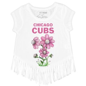 Girls Youth Tiny Turnip White Chicago Cubs Blooming Baseballs Fringe T-Shirt