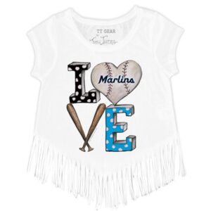 Girls Youth Tiny Turnip White Miami Marlins Baseball Love Fringe T-Shirt