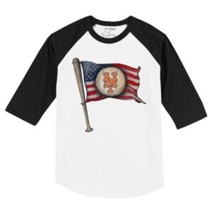 Toddler Tiny Turnip White/Black New York Mets Baseball Flag Raglan 3/4 Sleeve T-Shirt