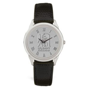 Silver Albany Great Danes Medallion Black Leather Wristwatch