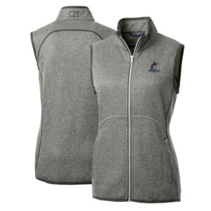 Women's Cutter & Buck Heathered Gray Miami Marlins Mainsail Sweater-Knit Full-Zip Vest