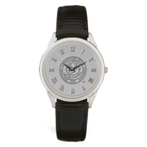 Men's Silver Southern Connecticut Owls Medallion Black Leather Wristwatch
