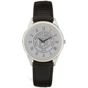 Men's Silver Nichols College Bison Medallion Black Leather Wristwatch