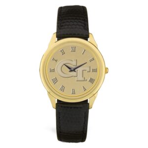 Gold Georgia Tech Yellow Jackets Personalized Medallion Black Leather Wristwatch