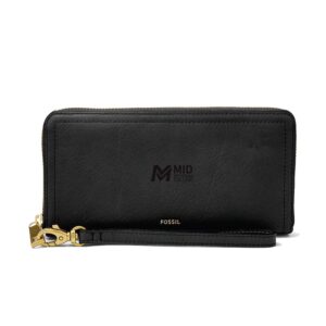 Women's Fossil Black Mid Michigan College Leather Logan RFID Zip Around Clutch