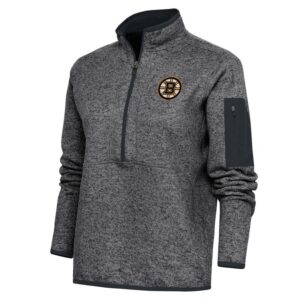Women's Antigua Heather Charcoal Boston Bruins Team Logo Fortune Quarter-Zip Jacket
