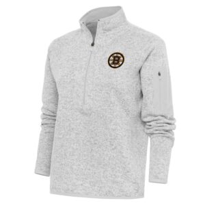Women's Antigua Heather Gray Boston Bruins Team Logo Fortune Quarter-Zip Jacket