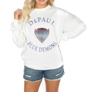Women's Gameday Couture White DePaul Blue Demons Good Vibes Premium Fleece Drop Shoulder Pullover Sweatshirt