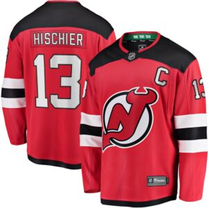 Men's Fanatics Nico Hischier Red New Jersey Devils Captain Patch Home Breakaway Jersey