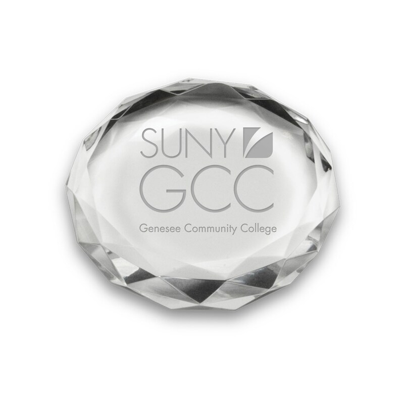 SUNY Genesee Community College 3'' Optic Crystal Faceted Paperweight