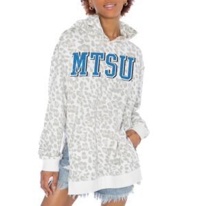 Women's Gameday Couture White MTSU Blue Raiders Home Team Advantage Leopard Print Oversized Side-Slit Pullover Hoodie