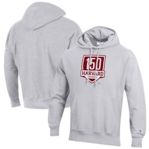 Men's Champion  Gray Harvard Crimson 150th Anniversary Reverse Weave Pullover Hoodie