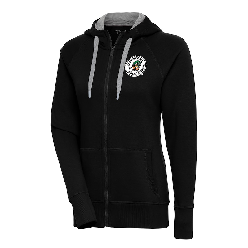 Women's Antigua Black Down East Wood Ducks Victory Full-Zip Hoodie