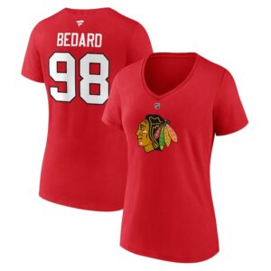 Women's Fanatics Connor Bedard Red Chicago Blackhawks 2023 NHL Draft Authentic Stack Player Name & Number V-Neck T-Shirt