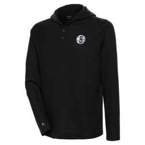 Men's Antigua  Black Brooklyn Nets Strong Hold Long Sleeve Henley Hoodie T-Shirt