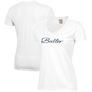Women's  White Butler Bulldogs Script Logo Comfort Wash V-Neck T-Shirt