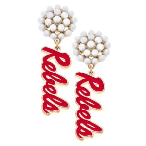 Women' CANVAS Style Ole Miss Rebels Pearl Cluster Enamel Drop Earrings