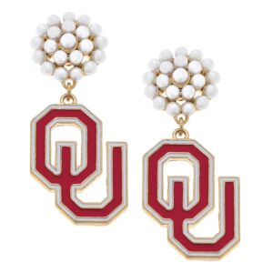 Women' CANVAS Style Oklahoma Sooners Pearl Cluster Enamel Drop Earrings