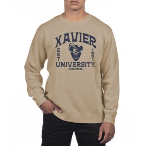 Men's Uscape Apparel Cream Xavier Musketeers Pigment Dyed Fleece Crew Neck Sweatshirt