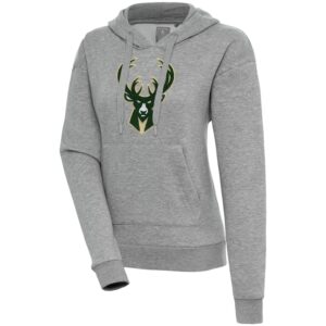 Women's Antigua  Heather Gray Milwaukee Bucks Victory Pullover Hoodie