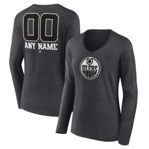 Women's Charcoal Edmonton Oilers Monochrome Personalized Name & Number Long Sleeve V-Neck T-Shirt