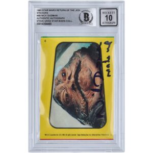 Nick Dudman Star Wars Autographed 1983 Topps Return of the Jedi Sticker #4B BGS Authenticated 10 Card with "Make Up" Inscription
