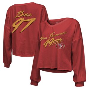 Women's Majestic Threads Nick Bosa Scarlet San Francisco 49ers Name & Number Script Off-Shoulder Cropped Long Sleeve T-Shirt