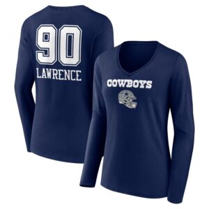 Women's DeMarcus Lawrence Navy Dallas Cowboys Wordmark Player Name & Number Long Sleeve V-Neck T-Shirt