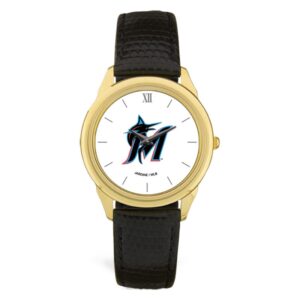 Men's  Black Miami Marlins Leather Wristwatch