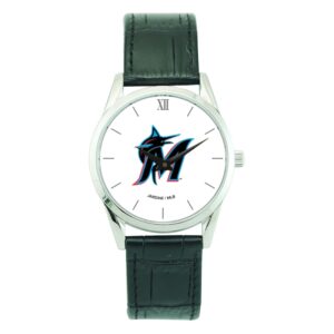 Men's  Black Miami Marlins Stainless Steel Watch with Leather Band