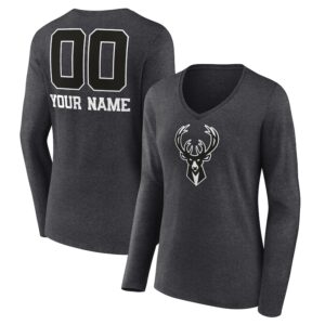 Women's Charcoal Milwaukee Bucks Personalized Name & Number Monochrome Long Sleeve V-Neck T-Shirt
