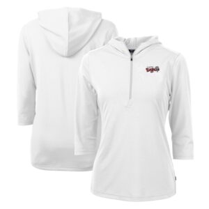 Women's Cutter & Buck  White Lansing Lugnuts Virtue Eco Pique Recycled 3/4-Sleeve Half-Zip Pullover Hoodie