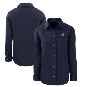Women's Cutter & Buck Navy Atlanta Braves Roam Eco Knit Tri-Blend Full-Snap Shacket