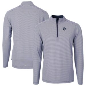 Men's Cutter & Buck Navy/White Lehigh Valley IronPigs Virtue Eco Pique Micro Stripe Recycled Quarter-Zip Pullover Top