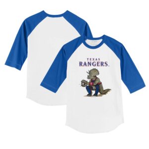 Toddler Tiny Turnip White/Royal Texas Rangers Triceratops 3/4-Sleeve Raglan T-Shirt