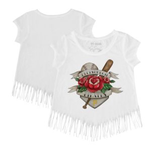 Girls Youth Tiny Turnip White Pittsburgh Pirates Tattoo Rose Fringe T-Shirt