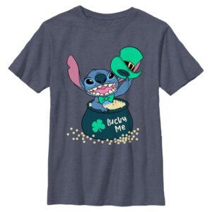 Youth Mad Engine Heather Navy Lilo and Stitch Lucky Me St. Paddy's Day Graphic T-Shirt