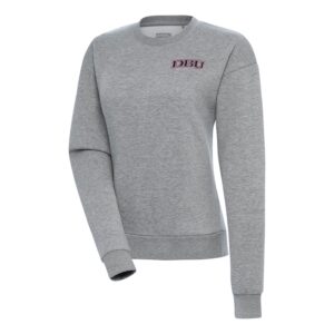 Women's Antigua Heather Gray Dallas Baptist Patriots Victory Crewneck Pullover Sweatshirt