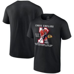 Men's Chris Chelios Black Chicago Blackhawks Jersey Retirement T-Shirt