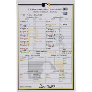 Pittsburgh Pirates Game-Used Lineup Card vs. Colorado Rockies on May 24, 2022