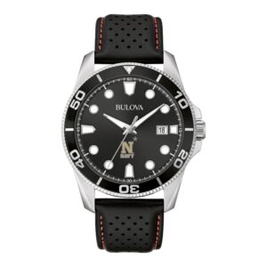 Men's Bulova Black Navy Midshipmen Corporate Collection Leather Strap Watch