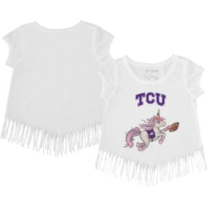 Girls Youth Tiny Turnip White TCU Horned Frogs Unicorn Fringed T-Shirt