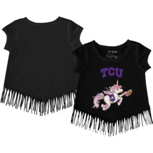 Girls Youth Tiny Turnip Black TCU Horned Frogs Unicorn Fringed T-Shirt